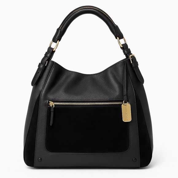 Vince Camuto Leather & Suede Hobo Shoulder Bag Black Gold Large - Picture 2 of 13